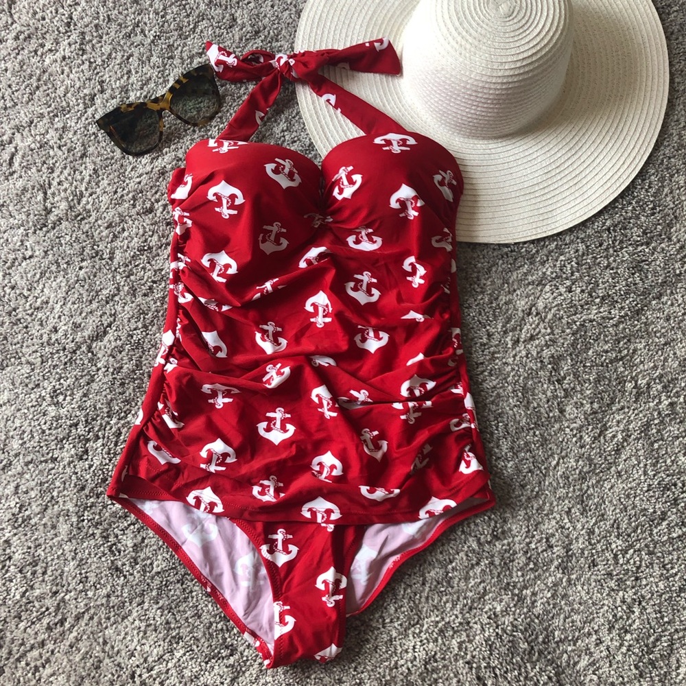 Red Anchor Print One-Piece Swimsuit - Women's Halter Tankini Style